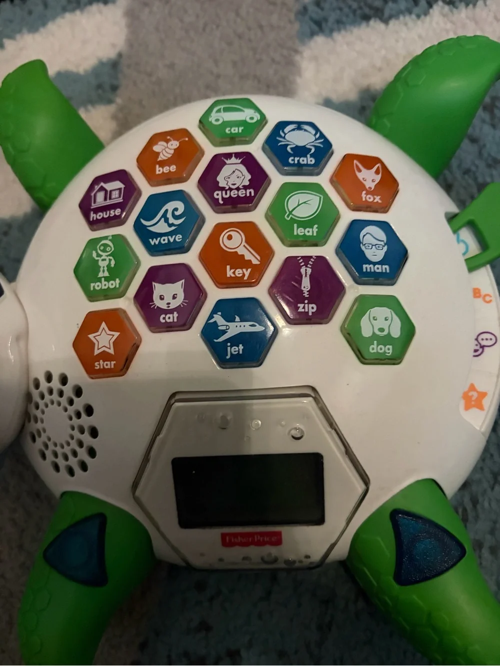 Fisher-Price Green & White Hex Button Learning Toy with Multicolor Icons